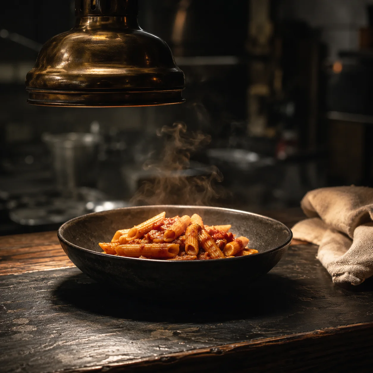 Penne pod mosadzným svetlom kuchyne