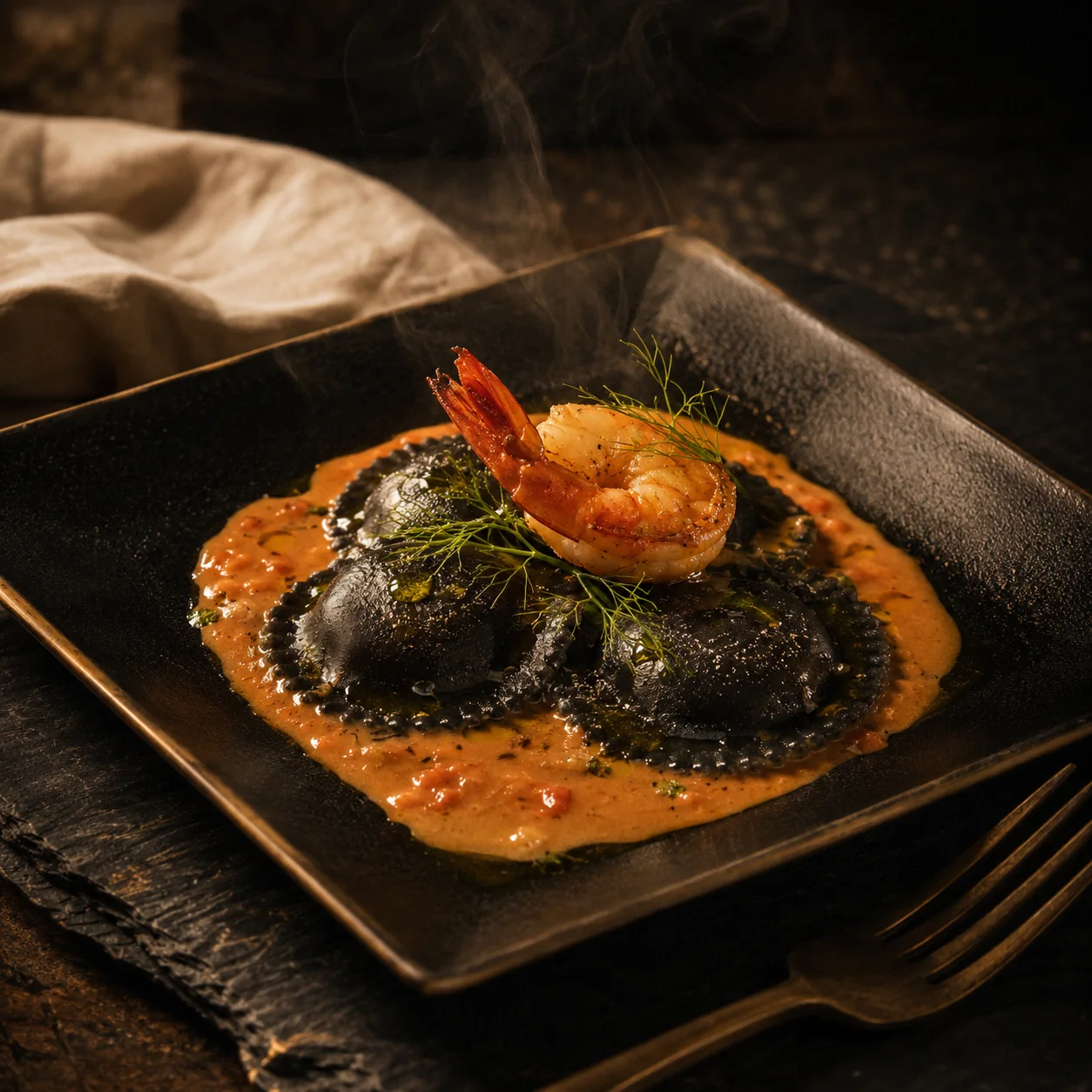 Čierne ravioli s krevetou
