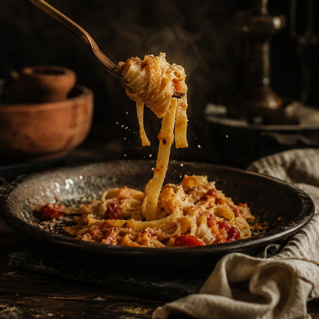 Vidlička dvíha tagliatelle z taniera