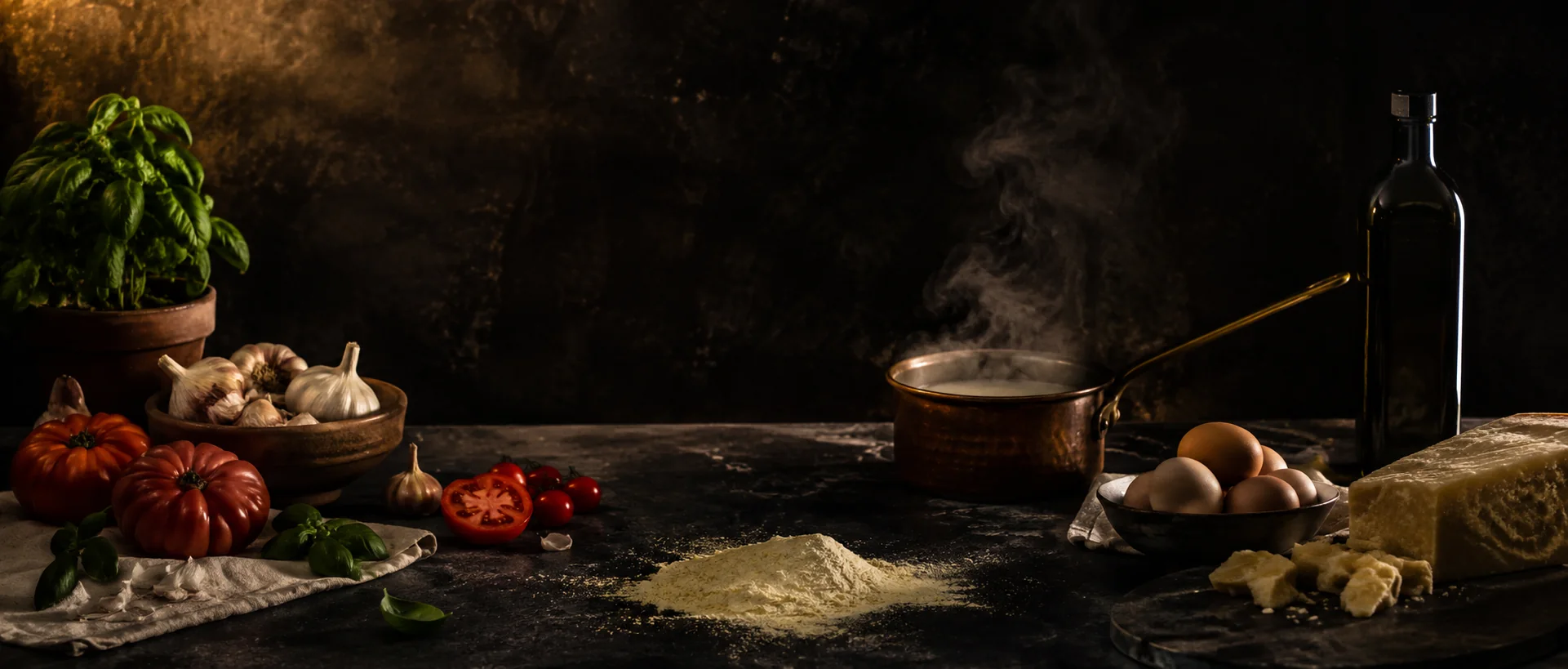 Paradajky, cesnak, bazalka a parmezán na tmavom stole